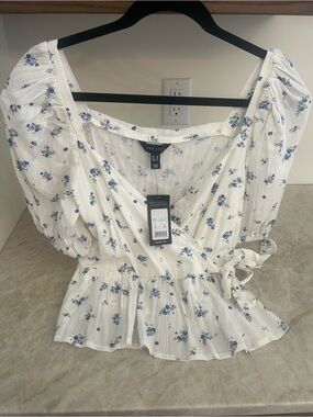NWT New Look White Wrap Peplum Blouse with Blue Floral Print